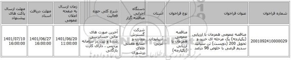 مناقصه، مناقصه عمومی همزمان با ارزیابی (یکپارچه) یک مرحله ای خرید و تحویل 200 (دویست) تن سیانید سدیم قرصی با خلوص 98 درصد