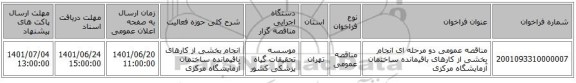 مناقصه، مناقصه عمومی دو مرحله ای انجام بخشی از کارهای باقیمانده ساختمان آزمایشگاه مرکزی