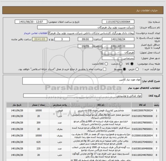 استعلام مواد مورد نیاز کانتین