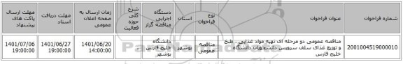 مناقصه، مناقصه عمومی دو مرحله ای تهیه مواد غذایی ، طبخ و توزیع غذای سلف سرویس دانشجویان دانشگاه خلیج فارس