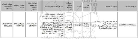 مناقصه، مناقصه عمومی یک مرحله ای تجدیدمناقصه تهیه مصالح،حفرمزار،خاکبرداری،خدمات حمل متوفی(آمبولانس)