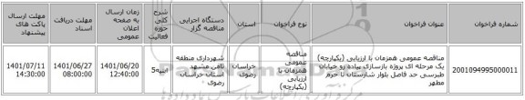 مناقصه، مناقصه عمومی همزمان با ارزیابی (یکپارچه) یک مرحله ای پروژه بازسازی پیاده رو خیابان طبرسی حد فاصل بلوار شارستان تا حرم مطهر