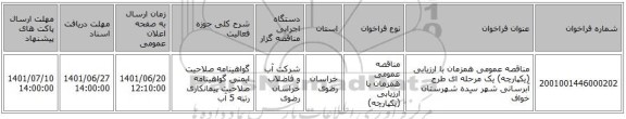 مناقصه، مناقصه عمومی همزمان با ارزیابی (یکپارچه) یک مرحله ای طرح آبرسانی  شهر سِده شهرستان خواف