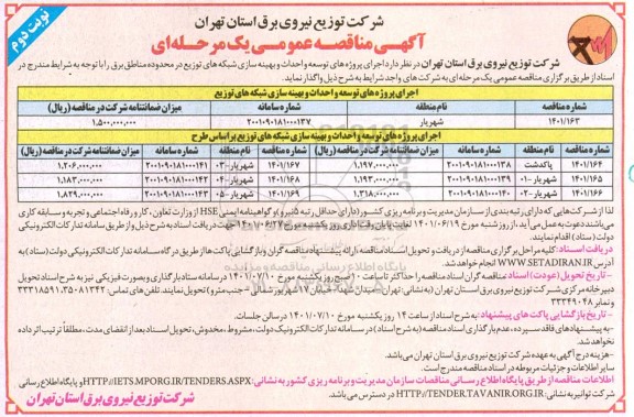 مناقصه اجرایی پروژه های توسعه و احداث و بهینه سازی شبکه های توزیع در محدوده مناطق برق  - نوبت دوم 