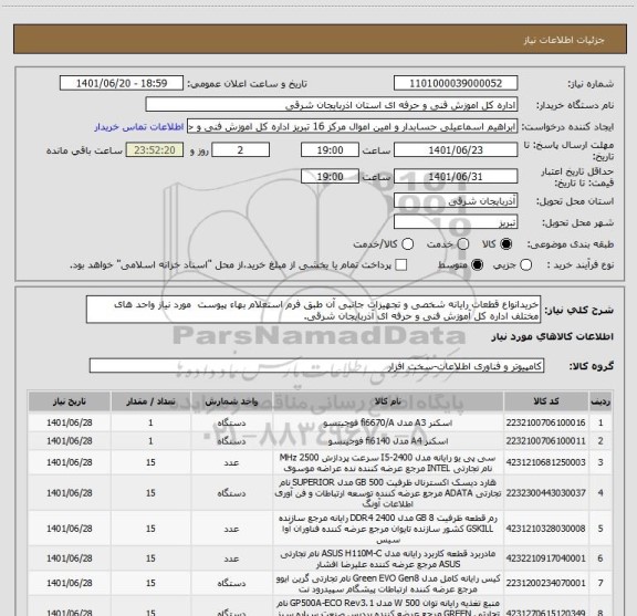 استعلام خریدانواع قطعات رایانه شخصی و تجهیزات جانبی آن ، سامانه ستاد