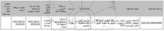 مناقصه، فراخوان ارزیابی کیفی خرید 90 کیلومتر کابل 63 کیلوولت XLPE و تجهیزات جانبی به صورت تامین مالی فروشنده (PF)