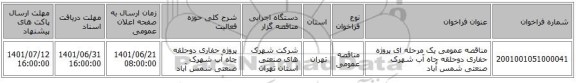 مناقصه، مناقصه عمومی یک مرحله ای پروژه حفاری دوحلقه چاه آب شهرک صنعتی شمس آباد