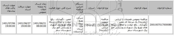 مناقصه، مناقصه عمومی همزمان با ارزیابی (یکپارچه) یک مرحله ای تعمیر ، نگهداری ، رفع حوادث و اتفاقات شبکه های توزیع برق شهری و روستایی امور برق شهرستان سقز