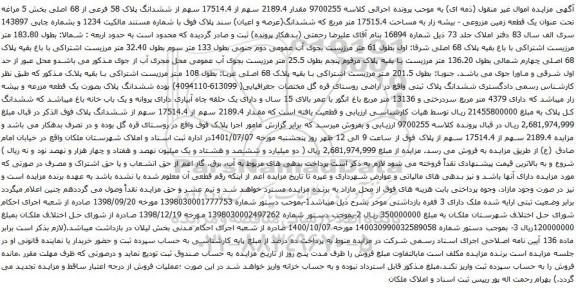 آگهی مزایده مقدار 2189.4 سهم از 17514.4 سهم از ششدانگ پلاک 58 فرعی از 68 اصلی بخش 5