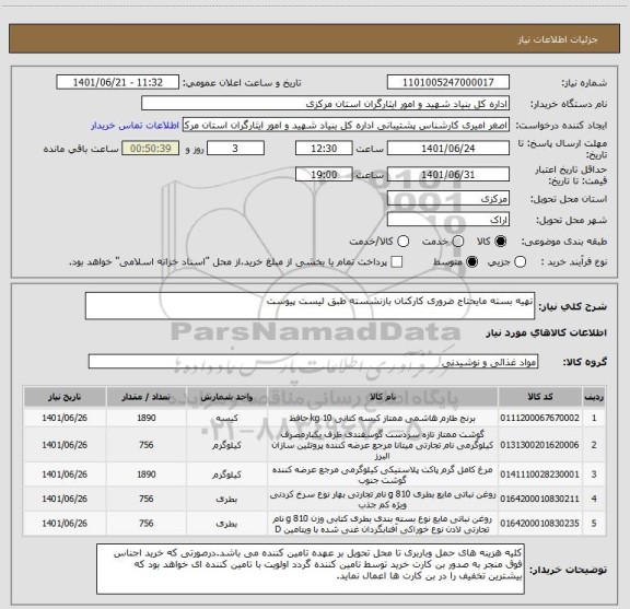 استعلام تهیه بسته مایحتاج ضروری کارکنان بازنشسته طبق لیست پیوست