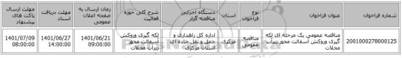مناقصه، مناقصه عمومی یک مرحله ای لکه گیری  وروکش آسفالت محور زیرآب محلات