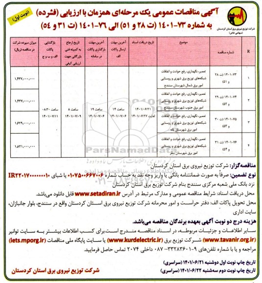 مناقصه تعمیر نگهداری رفع حوادث و اتقافات شبکه های توزیع ...