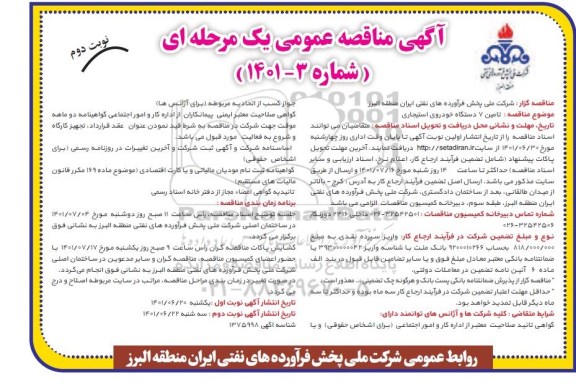 مناقصه تامین 7 دستگاه خودروی استیجاری - نوبت دوم