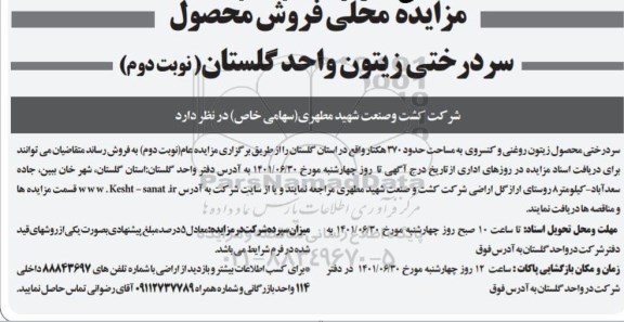 مزایده محلی فروش محصول سردرختی زیتون نوبت دوم