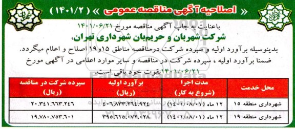 اصلاحیه مناقصه واگذاری وظایف و مأموریت‌ های اجرایی خود (شهر، حریم و معبر) در سطح مناطق 