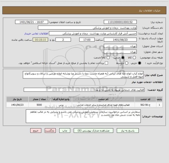 استعلام انواع کباب انواع غذا های ایرانی (به همراه ماست دوغ یا دلستر ویا نوشابه انواع دورچین و سالاد و سوپ)انواع میوه فصل و شیرینی