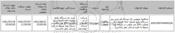 مناقصه، مناقصه عمومی یک مرحله ای خرید دو دستگاه پکیج تصفیه خانه فاضلاب به ظرفیت 200 متر مکعب در شبانه روز( مربوط به طرح مسکن مهر رامشیر)
