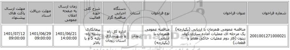 مناقصه، مناقصه عمومی همزمان با ارزیابی (یکپارچه) یک مرحله ای عملیات آماده سازی کوی زیتون (فاز دوم عملیات خاکی معابر و قطعات)