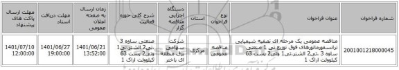 مناقصه، مناقصه عمومی یک مرحله ای تصفیه شیمیایی ترانسفورماتورهای فوق توزیع تی 1 صنعتی ساوه 3 ،تی2 الشتر،تی1 وتی2 پست 63 کیلوولت اراک 1