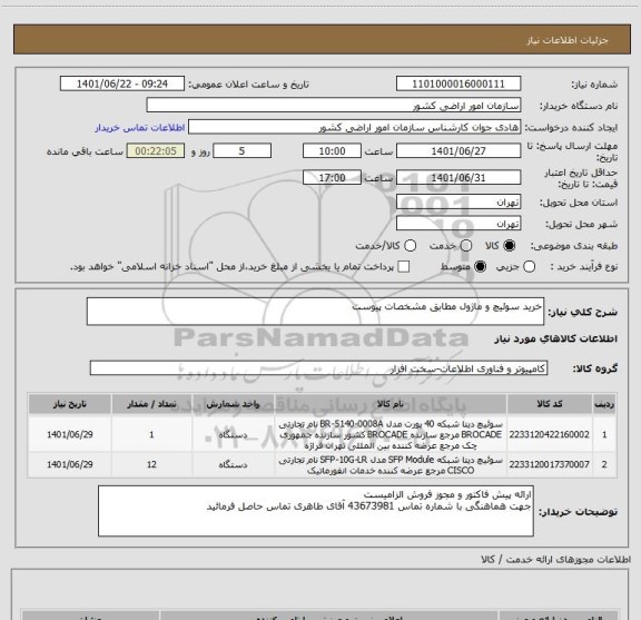 استعلام خرید سوئیچ و ماژول مطابق مشخصات پیوست