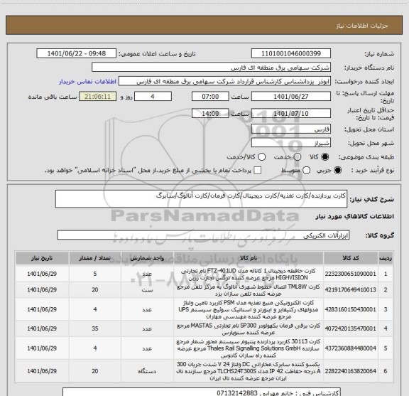 استعلام کارت پردازنده/کارت تغذیه/کارت دیجیتال/کارت فرمان/کارت آنالوگ/سابرگ