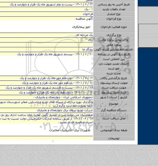 مناقصه, واگذاری بهره برداری از شبکه های توزیع وروشنایی معابر شهرستان شهرکرد وشعب تابعه بصورت خط سرد وگرم ( ت