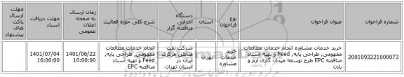 مناقصه، خرید خدمات مشاوره انجام خدمات مطالعات مفهومی, طراحی پایه, Feed و تهیه اسناد مناقصه EPC طرح توسعه میدان گازی ارم و پازن