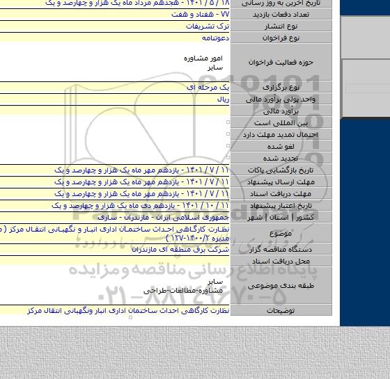 مناقصه, نظارت کارگاهی احداث ساختمان اداری انبار و نگهبانی انتقال مرکز ( مجوز هیئت مدیره ۱۴۰۰/۲-۱۲۷ )
