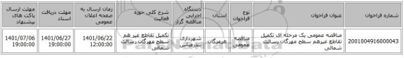 مناقصه، مناقصه عمومی یک مرحله ای تکمیل تقاطع غیرهم سطح مهرگان رسالت شمالی