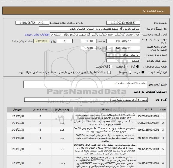 استعلام لوازم حفاظتی کار با واتر جت