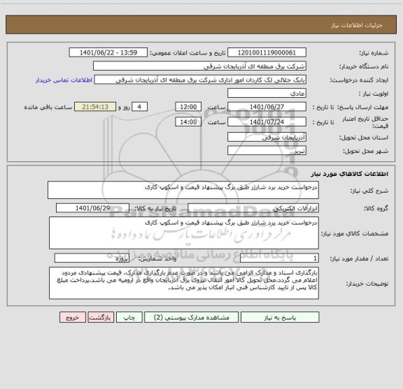 استعلام درخواست خرید برد شارژر طبق برگ پیشنهاد قیمت و اسکوپ کاری