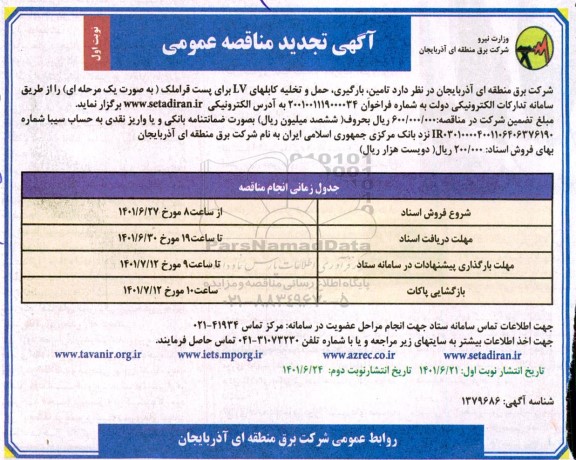 مناقصه تامین، بارگیری، حمل و تخلیه کابلهای LV تجدید