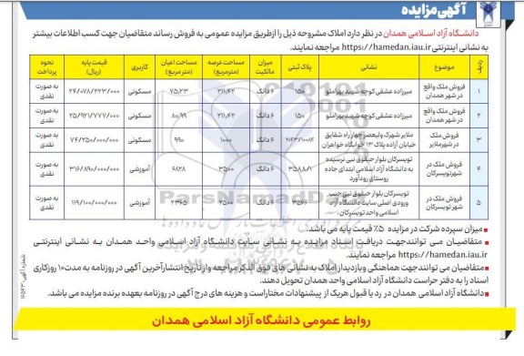 مزایده فروش ملک با کاربری مسکونی و آموزشی