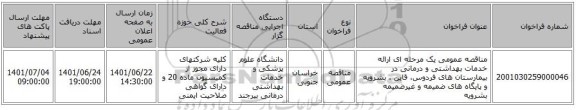 مناقصه، مناقصه عمومی یک مرحله ای ارائه خدمات بهداشتی و درمانی در  بیمارستان های فردوس، قاین ، بشرویه  و پایگاه های ضمیمه و غیرضمیمه بشرویه