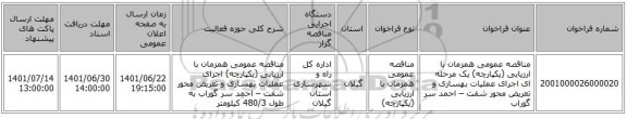 مناقصه، مناقصه عمومی همزمان با ارزیابی (یکپارچه) یک مرحله ای اجرای عملیات بهسازی و تعریض محور شفت – احمد سر گوراب