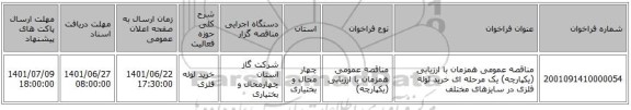 مناقصه، مناقصه عمومی همزمان با ارزیابی (یکپارچه) یک مرحله ای خرید لوله فلزی در سایزهای مختلف