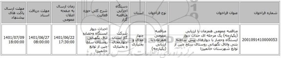 مناقصه، مناقصه عمومی همزمان با ارزیابی (یکپارچه) یک مرحله ای حداث دیوار ایستگاه وحصار با دیوارهای پیش ساخته بتنی واتاق نگهبانی روستای سلح چین از توابع شهرستان خانمیرزا