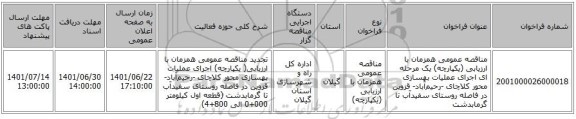 مناقصه، مناقصه عمومی همزمان با ارزیابی (یکپارچه) یک مرحله ای اجرای عملیات بهسازی محور کلاچای -رحیم‌آباد- قزوین در فاصله روستای سفیدآب تا گرمابدشت