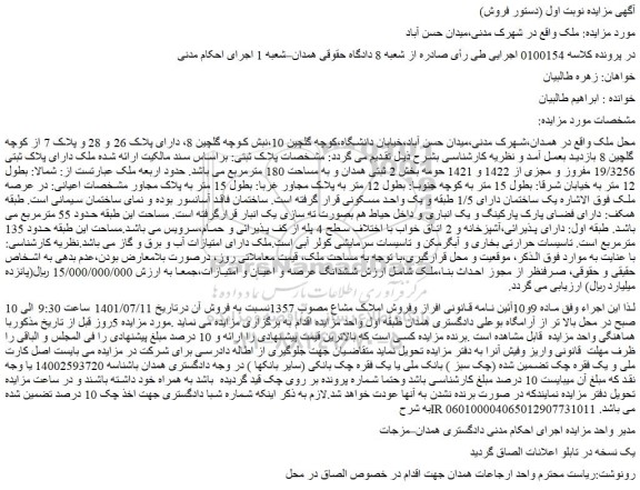 مزایده فروش ملک دارای پلاک ثبتی 19/3256 مفروز و مجزی از 1422 و 1421