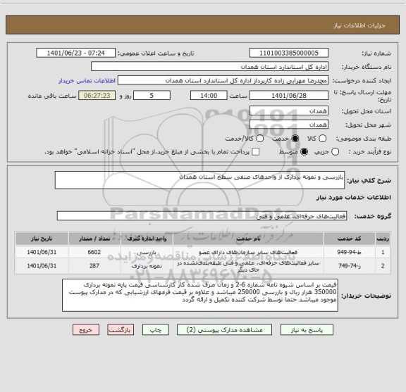استعلام بازرسی و نمونه برداری از واحدهای صنفی سطح استان همدان