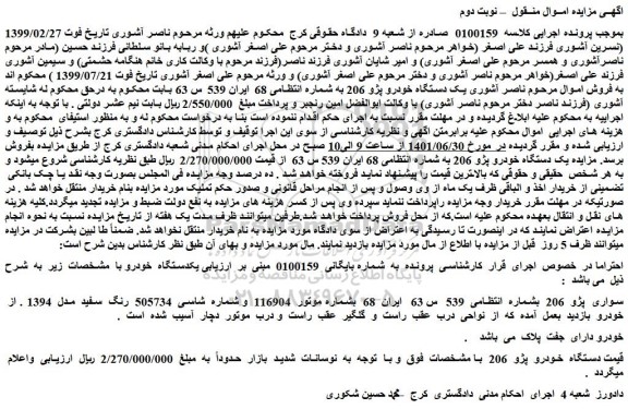 مزایده فروش یک دستگاه خودرو پژو 206  