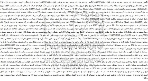 آگهی مزایده مقدار ششدانگ یک باب خانه تحت پلاک 231 فرعی از28 اصلی