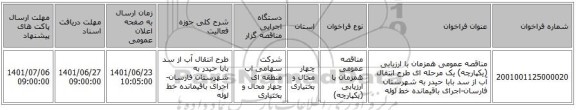مناقصه، مناقصه عمومی همزمان با ارزیابی (یکپارچه) یک مرحله ای طرح انتقال آب از سد بابا حیدر به شهرستان فارسان-اجرای باقیمانده خط لوله
