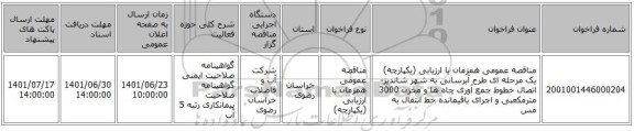 مناقصه، مناقصه عمومی همزمان با ارزیابی (یکپارچه) یک مرحله ای طرح آبرسانی به شهر شاندیز-اتصال خطوط جمع آوری چاه ها و مخزن 3000 مترمکعبی و اجرای باقیمانده خط انتقال به مس