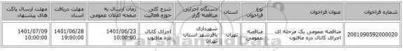 مناقصه، مناقصه عمومی یک مرحله ای اجرای کانال دره مافتون
