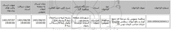 مناقصه، مناقصه عمومی یک مرحله ای جمع آوری و دفع آبهای سطحی محدوده خیابان صاحب الزمان توس 70