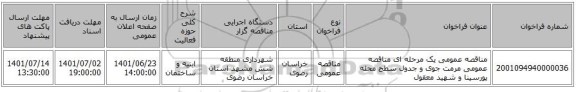 مناقصه، مناقصه عمومی یک مرحله ای مناقصه عمومی مرمت جوی و جدول سطح محله پورسینا و شهید معقول