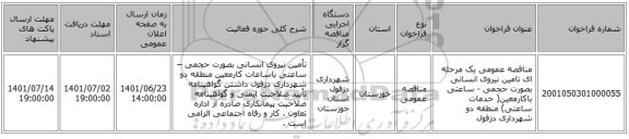 مناقصه، مناقصه عمومی یک مرحله ای تامین نیروی انسانی بصورت حجمی - ساعتی باکارمعین( خدمات ساعتی) منطقه دو شهرداری دزفول