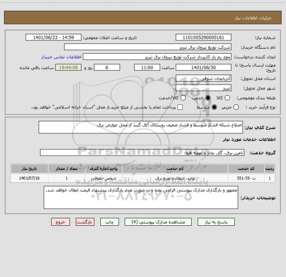 استعلام اصلاح شبکه فشار متوسط و فشار ضعیف روستای آ/ق گنبد از محل عوارض برق