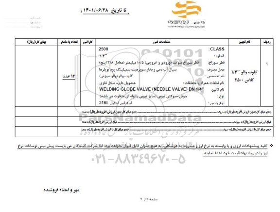 استعلام گلوب والو 1/4 کلاس 2500